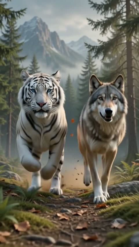 Weisser Tiger mit dem Wolf