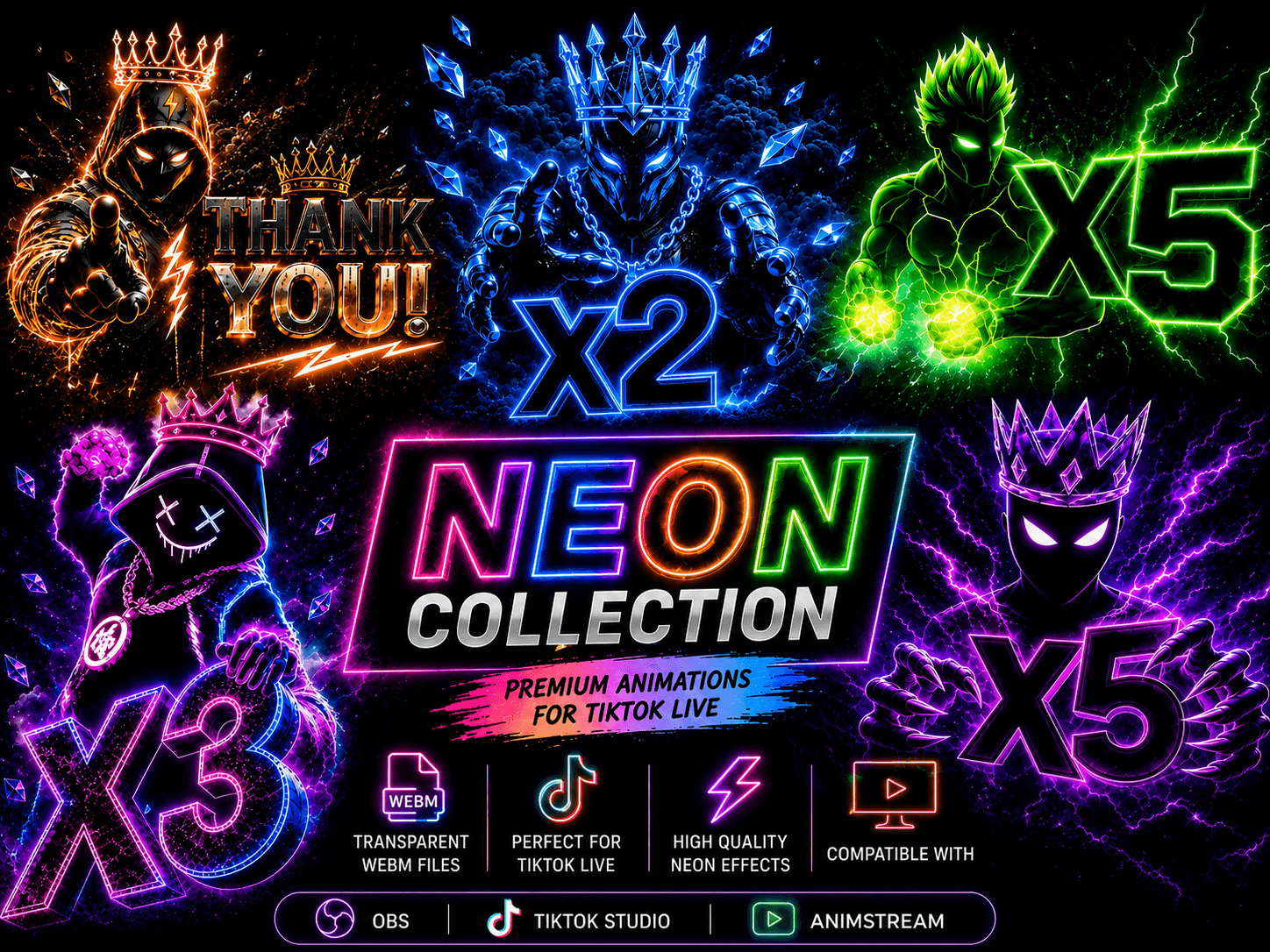 Neon Collection – TikTok Live Animations | X2 X3 X5 & Thank You | AnimStream, Ti