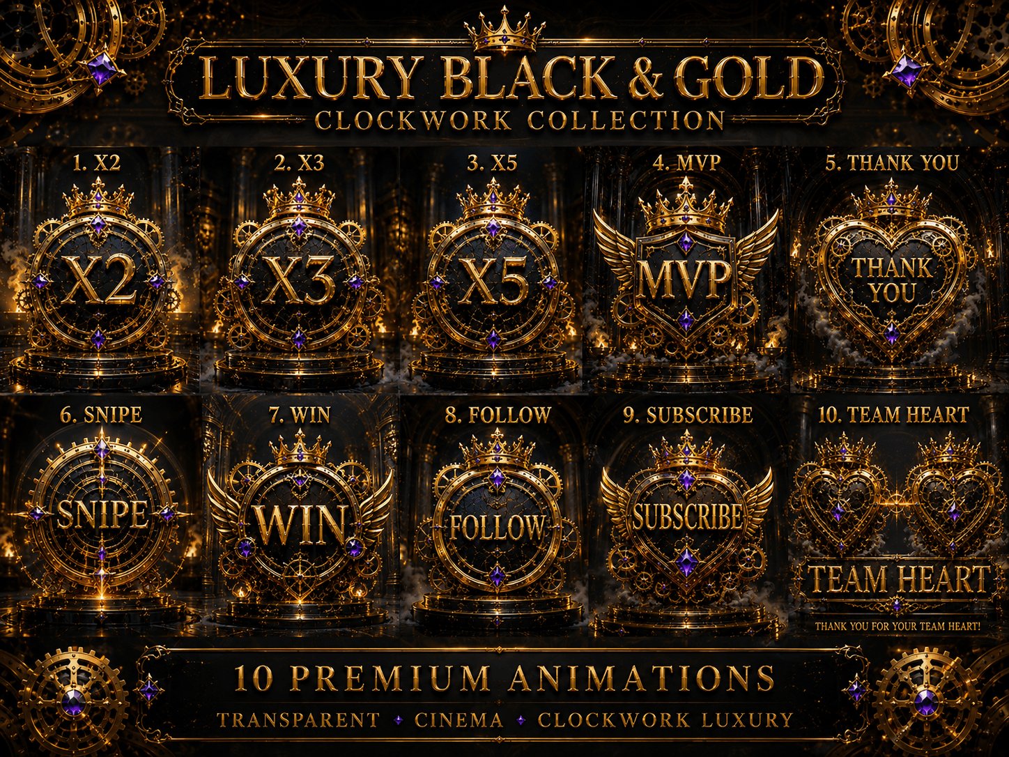Luxury Black & Gold Clockwork Collection 10 TikTok LIVE Animations | Transparent