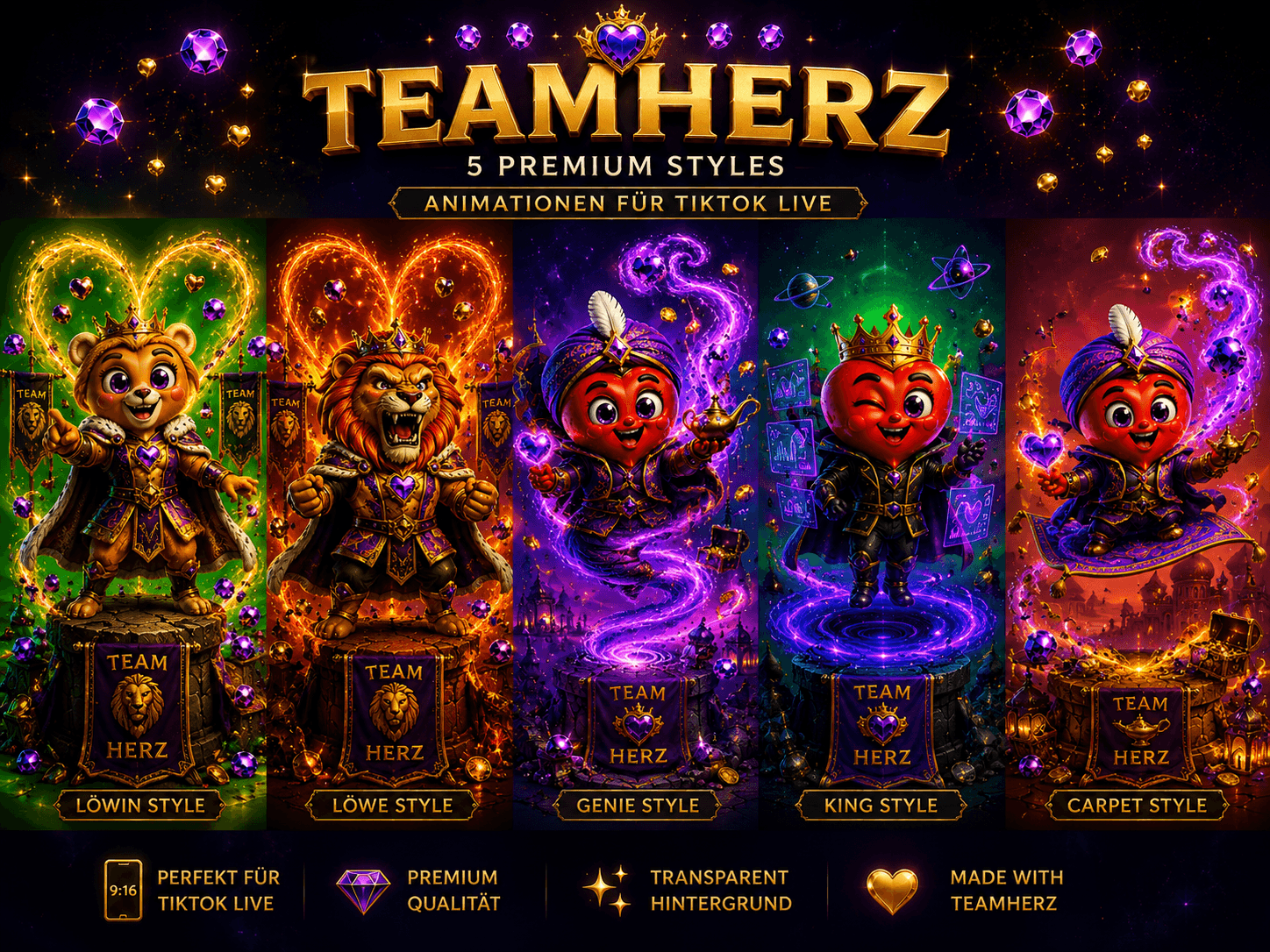 Teamherz Premium Kollektion – 5 TikTok LIVE Animationen | Löwe, Löwin, Ge