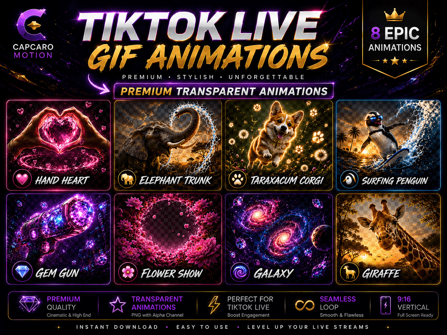 TikTok LIVE GIF Animation Pack | 8 Premium Stream Alerts | Transparent.